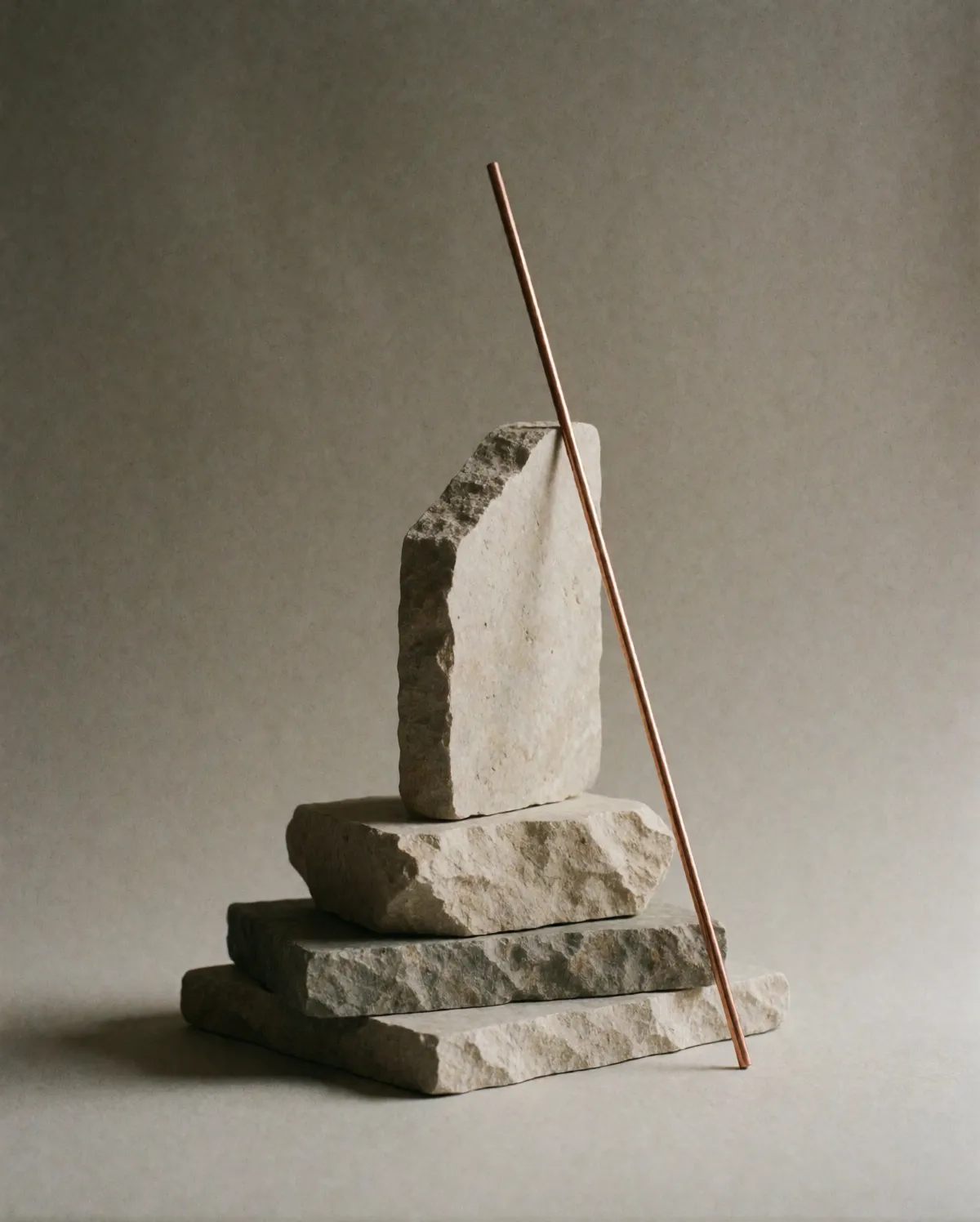Studio still life of stacked stone slabs and a thin copper rod